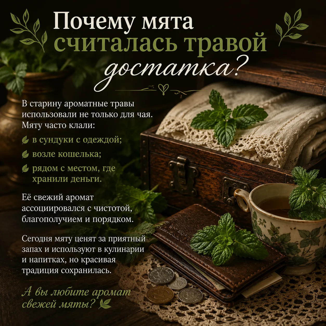 🌿 Почему мята считалась травой достатка?

В старину ароматные травы использовали не только для чая.