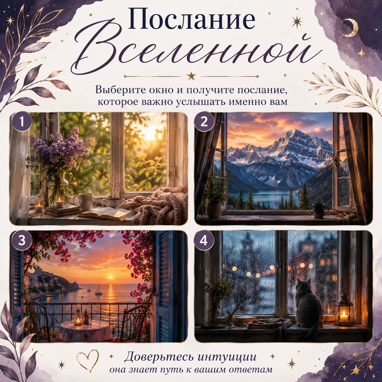 💌 Послание Вселенной
Выберите окно, которое притягивает вас сильнее всего, и узнайте, какое послани