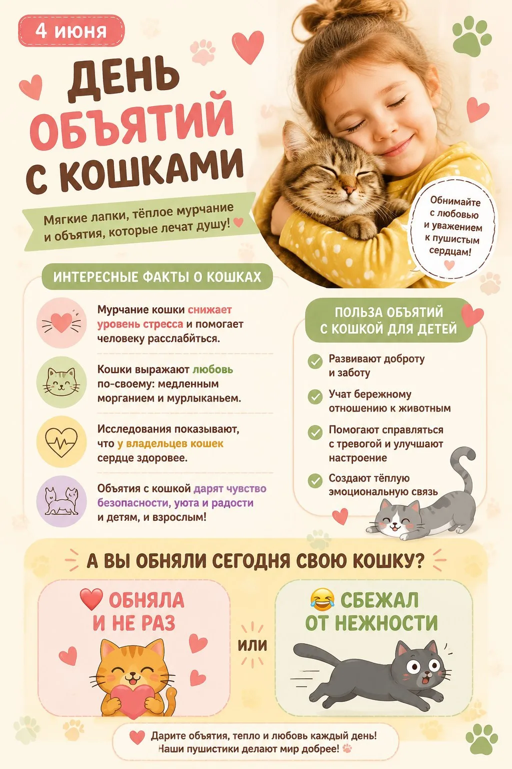 4 июня — День обнимашек с кошками! 🐾🐈

Сегодня в нашем календаре необычный и очень тёплый праздник