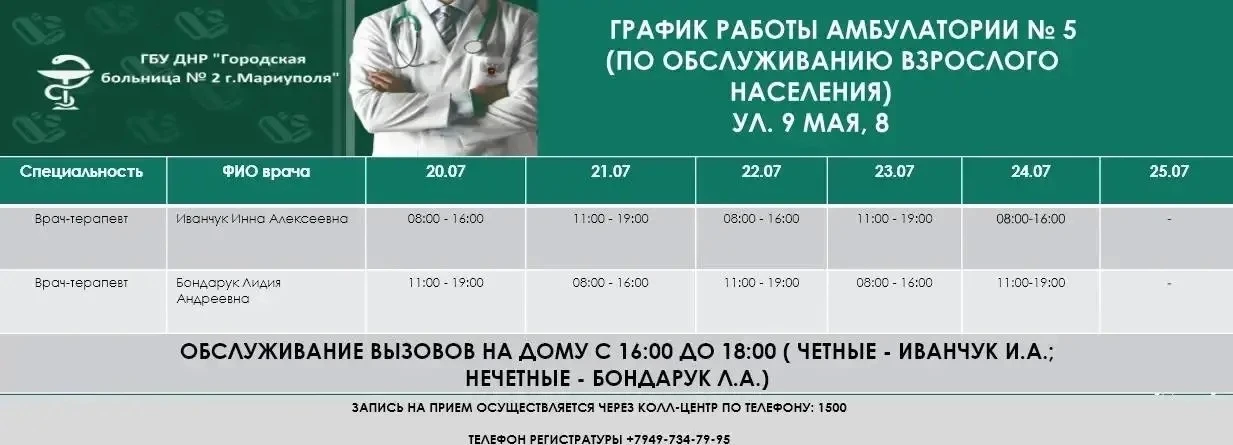 ГБУ ДНР "Городская больница № 2 г. Мариуполя» расписание на следующую неделю