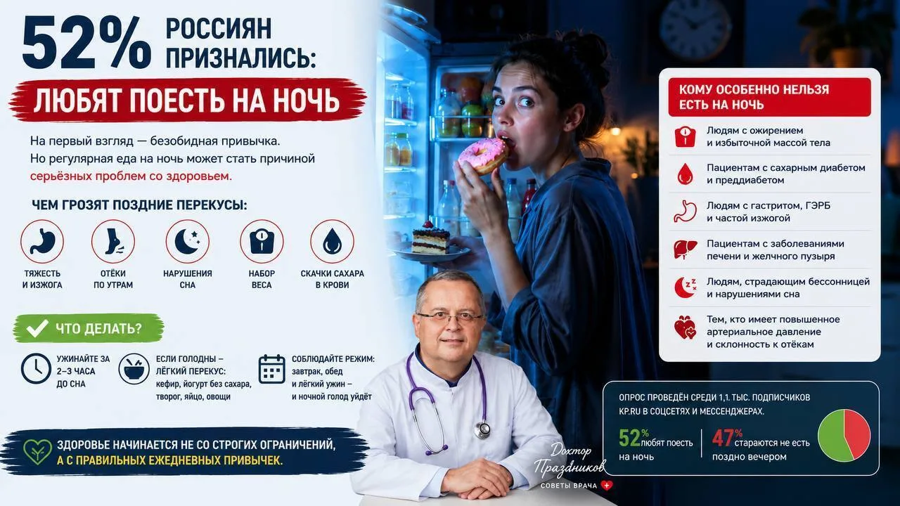 🍰 52% россиян признались: любят поесть на ночь