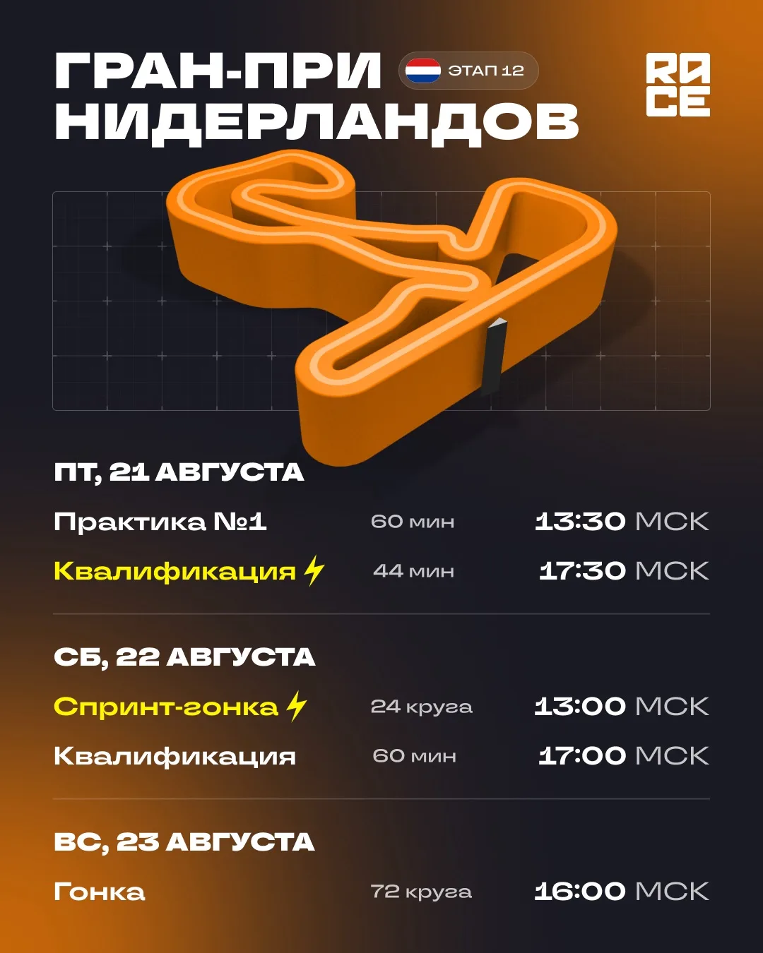 🇳🇱 Формула-1 возвращается после летнего перерыва! Расписание сессий двенадцатого этап...