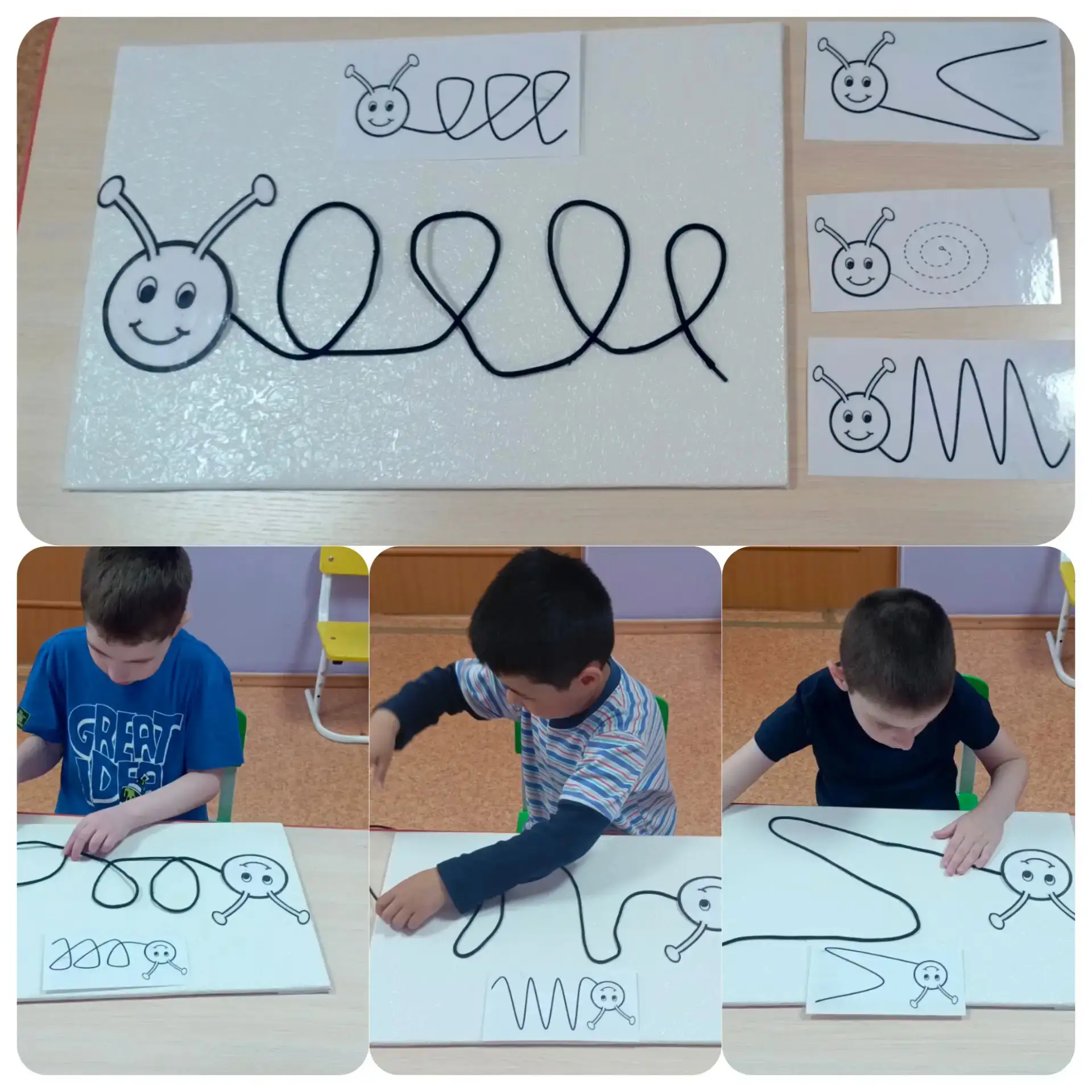 В группе "Непоседы" появилось пособие "Веселая дорожка". Дети по образцу выкладывают гусеницу.