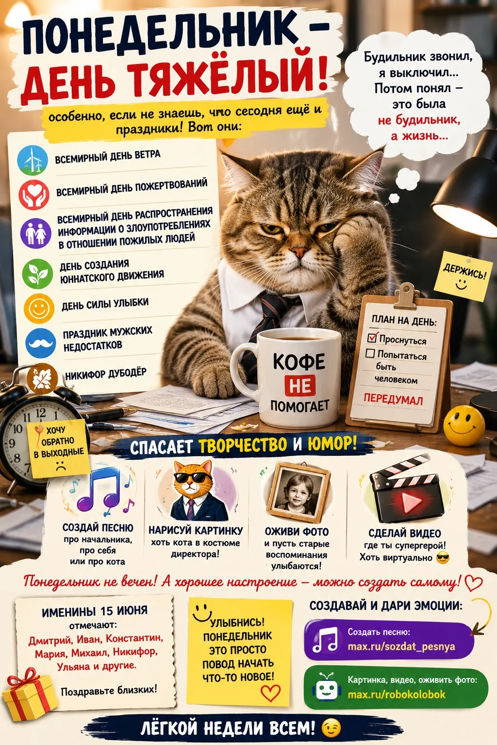 🤣 Понедельник — это когда…

⏰ Будильник звонит.
Ты его выключаешь.
Открываешь глаза.
Смотришь на ча