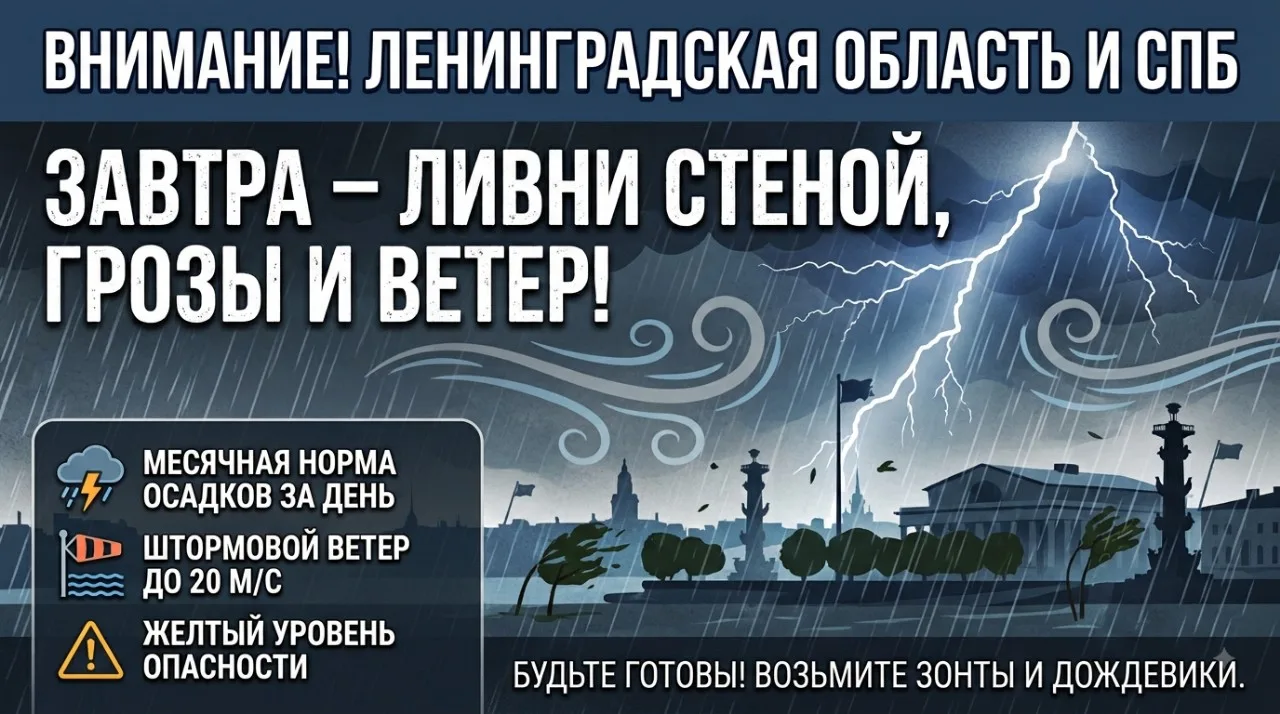 ⛈ На Ленобласть и Питер надвигается мощный циклон: ливни стеной и штормовой ветер.