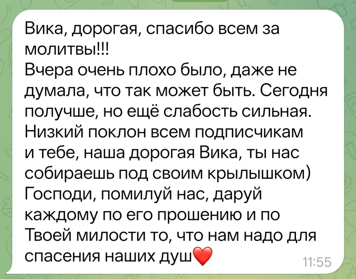 Благодарность за молитвы: спасибо огромное всем вам родные, операция у Ольги прошла благополучно. 

