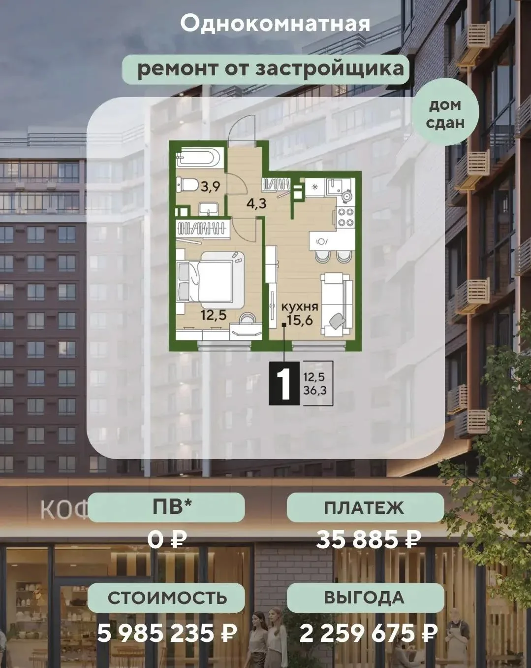 Квартира в Краснодаре в сданном доме с ремонтом от застройщика с ПВ 0 ₽