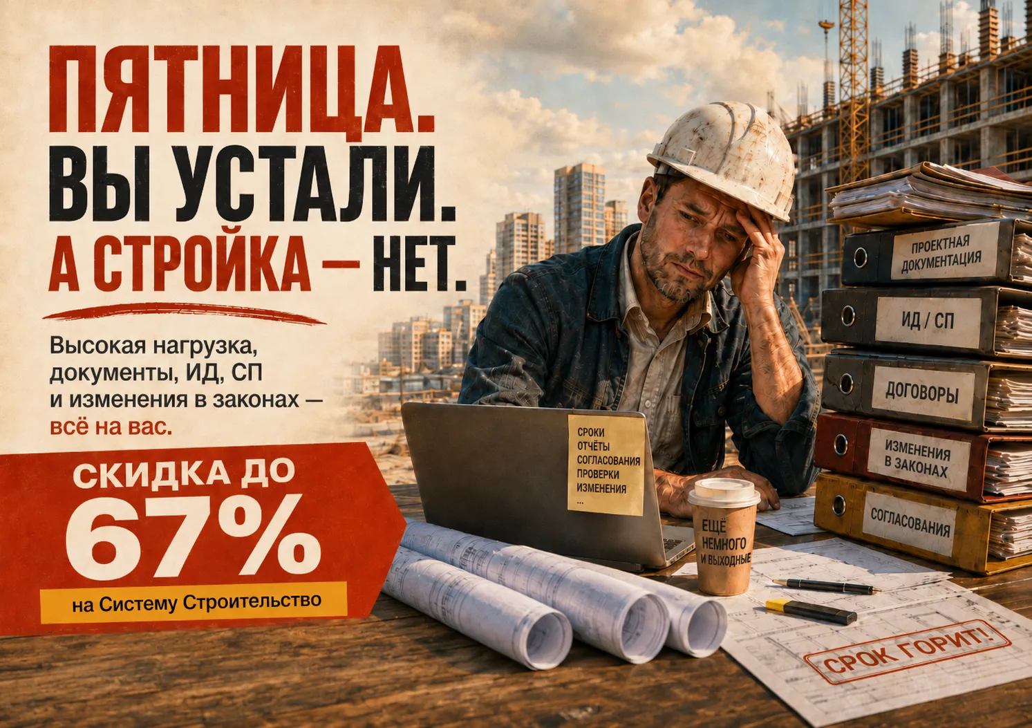 Пятница. А задач меньше не становится 🙄

Кризис, нагрузка на стройке растет, один специалист часто 