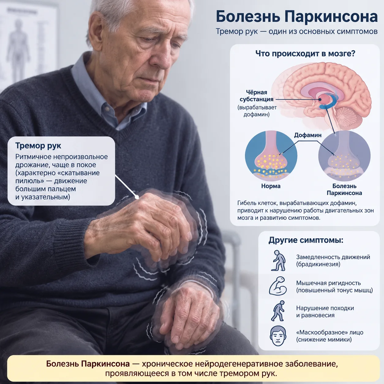 🧠 Болезнь Паркинсона: что важно знать каждому
С 20 по 26 июля — Неделя сохранения здоровья головног