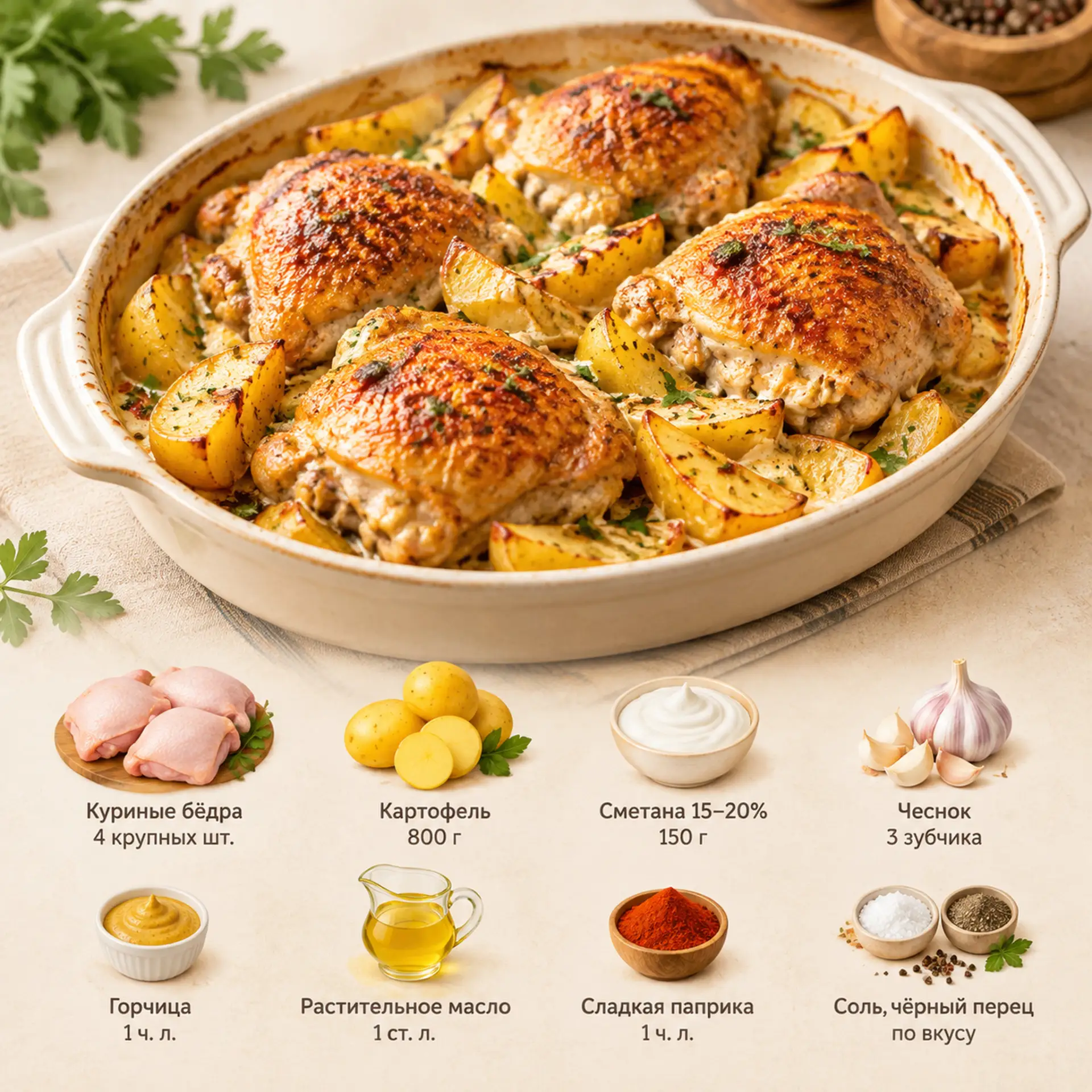 Куриные бёдра с картошкой в сметанно-чесночном соусе 🤤