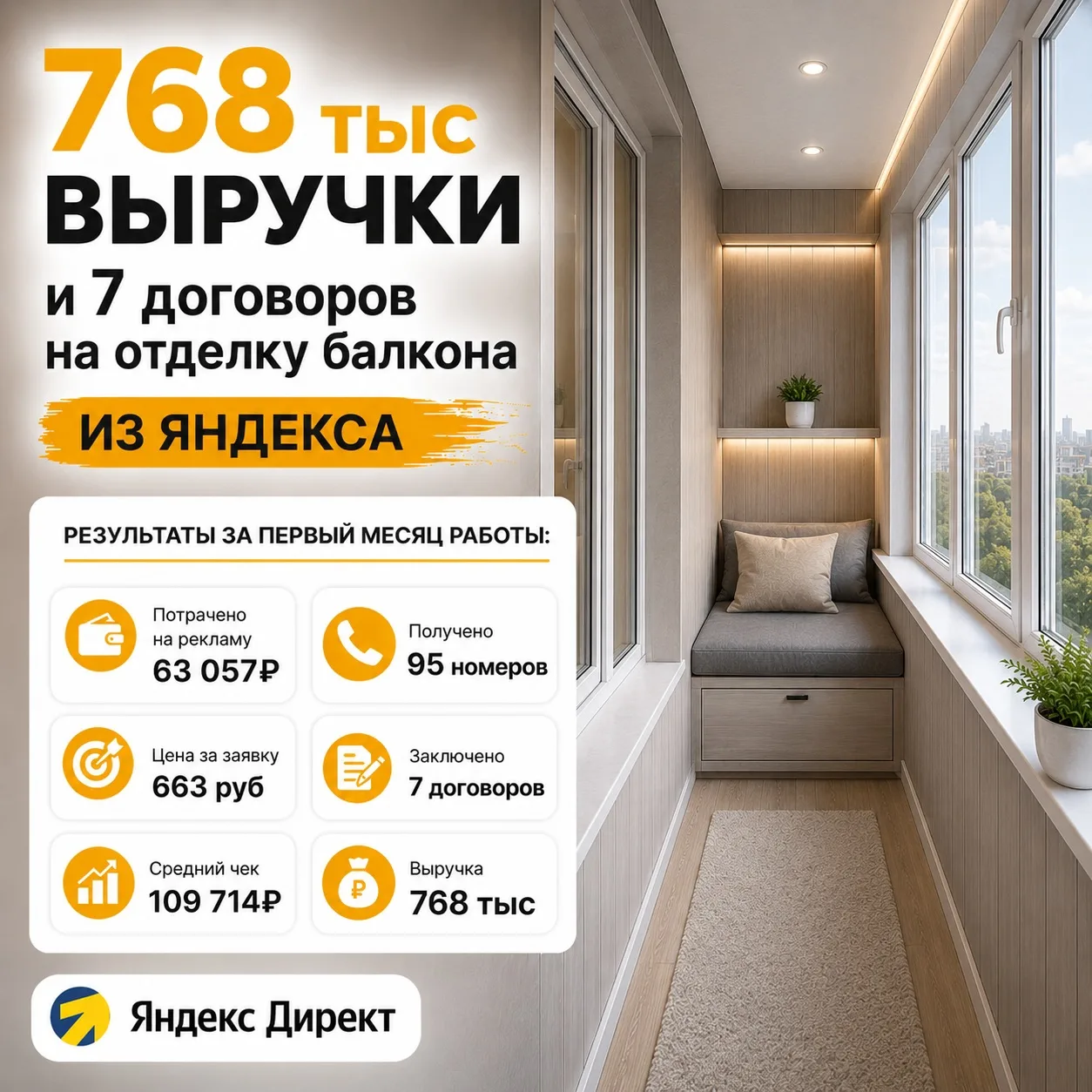 🔥 768 600р выручки и 7 договоров на отделку балконов из Яндекса