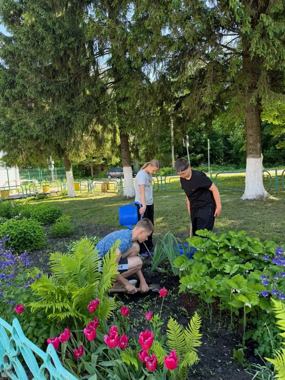 Сегодня на пришкольном участке ребята занимались благоустройством:  ухаживали за клумба...