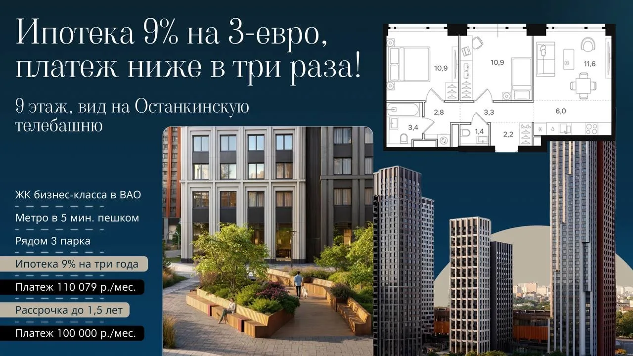 3-евро в ипотеку 9%, платёж ниже в три раза!