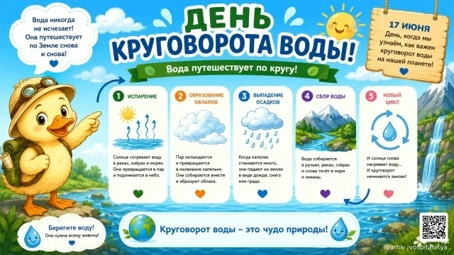 17 июня отмечается День круговорота воды💧💦🚰. 
Этот день посвящён осознанию важности круговорота в