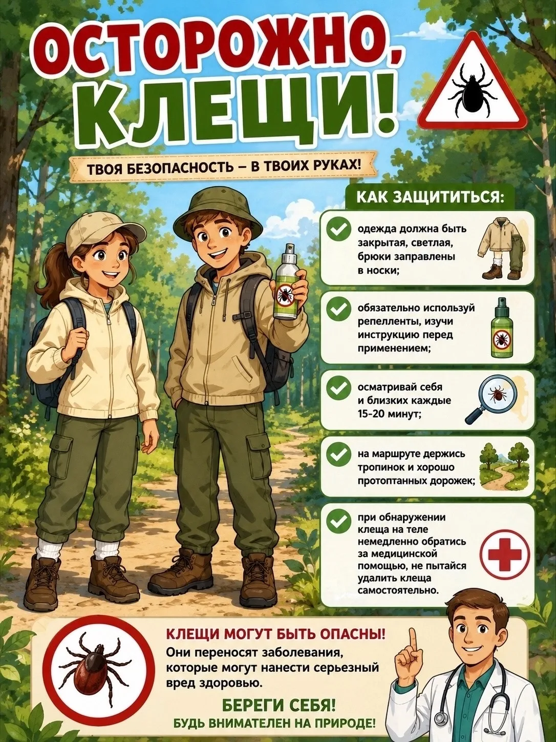 🕷️🌿 Осторожно, клещи! 🌿🕷️

Сезон прогулок, пикников и походов в самом разгаре! ☀️ Но помните: ма