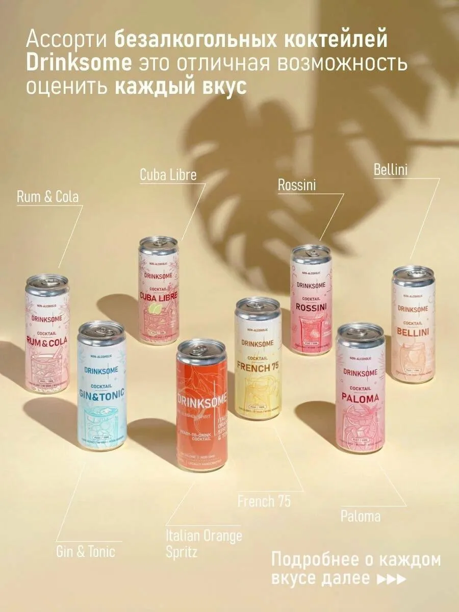 🍹 Дамы, по коктейльчику? 

Drinksome ассорти безалкогольных коктейлей, 8 шт

Доступный объем — 0,33