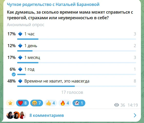 Как думаешь, за сколько времени мама может справиться с тревогой, страхами и неуверенностью в себе?
