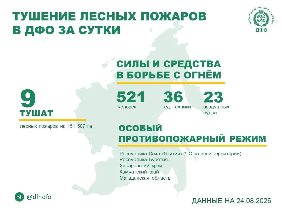 🧑‍🚒За прошедшие сутки в регионах ДФО продолжается тушение 9 лесных пожаров.