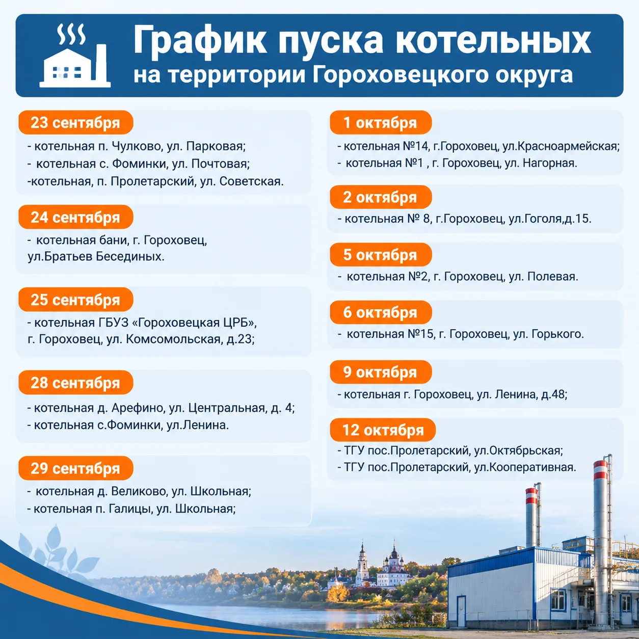 23 сентября в Гороховецком округе стартовал отопительный сезон. Пуск котельных будет ид...