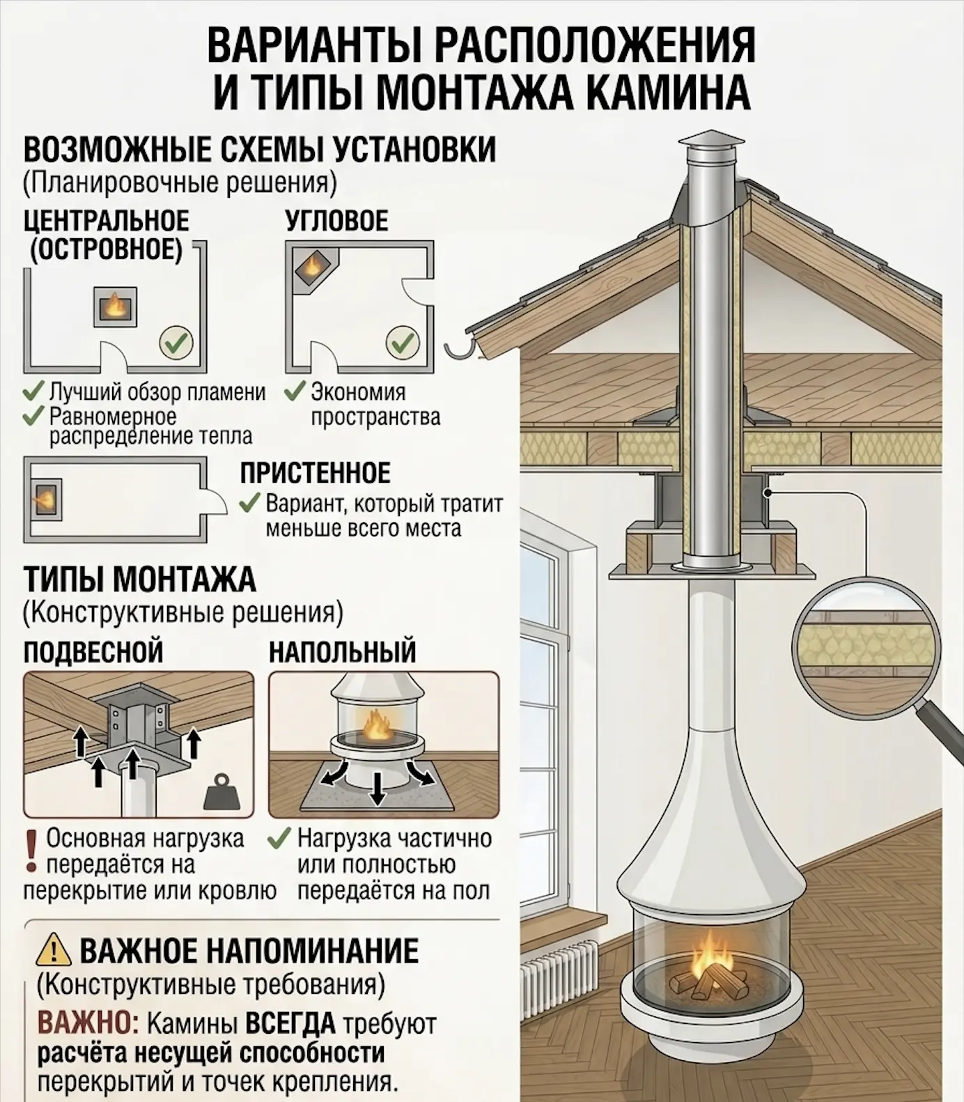 👌Варианты расположения камина👌Возможные схемы установки:
🏛 Центральное (островное) - лучший обзор