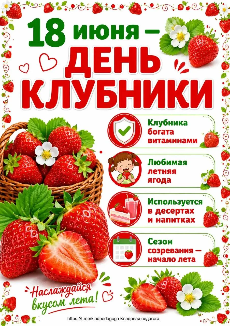 18 июня - День клубники 🍓
Кладовая педагога✨
Жмите подписаться, чтобы не потерять👆

Сказать "СПАСИ