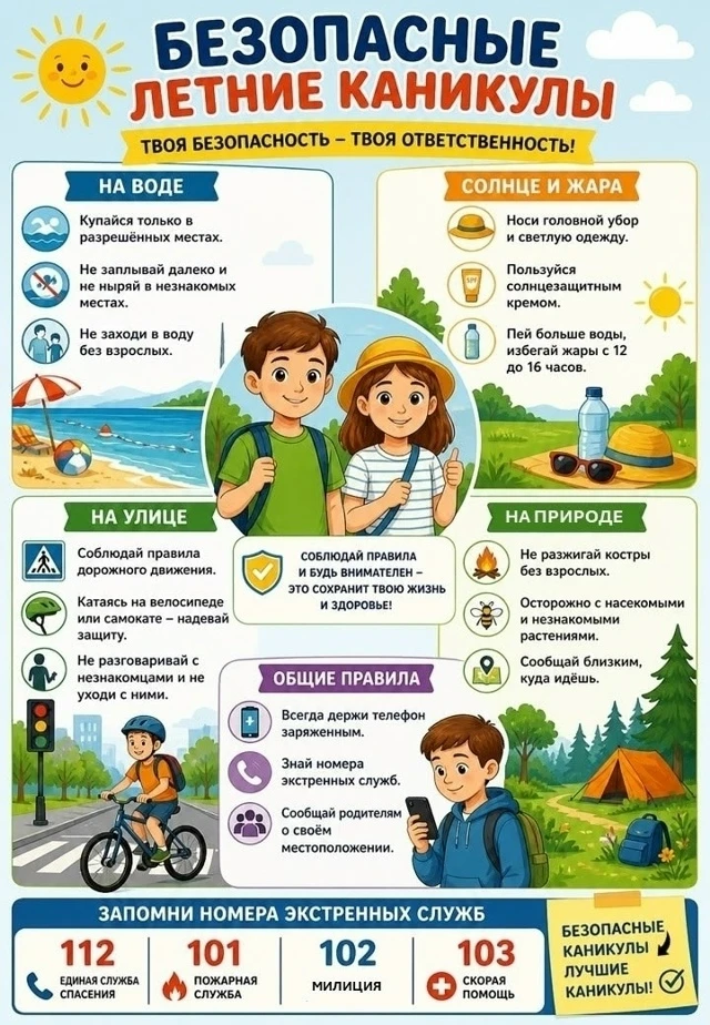 ☀️ Лето — время радости, но важно помнить о безопасности!

Чтобы каникулы прошли без неприятностей, 