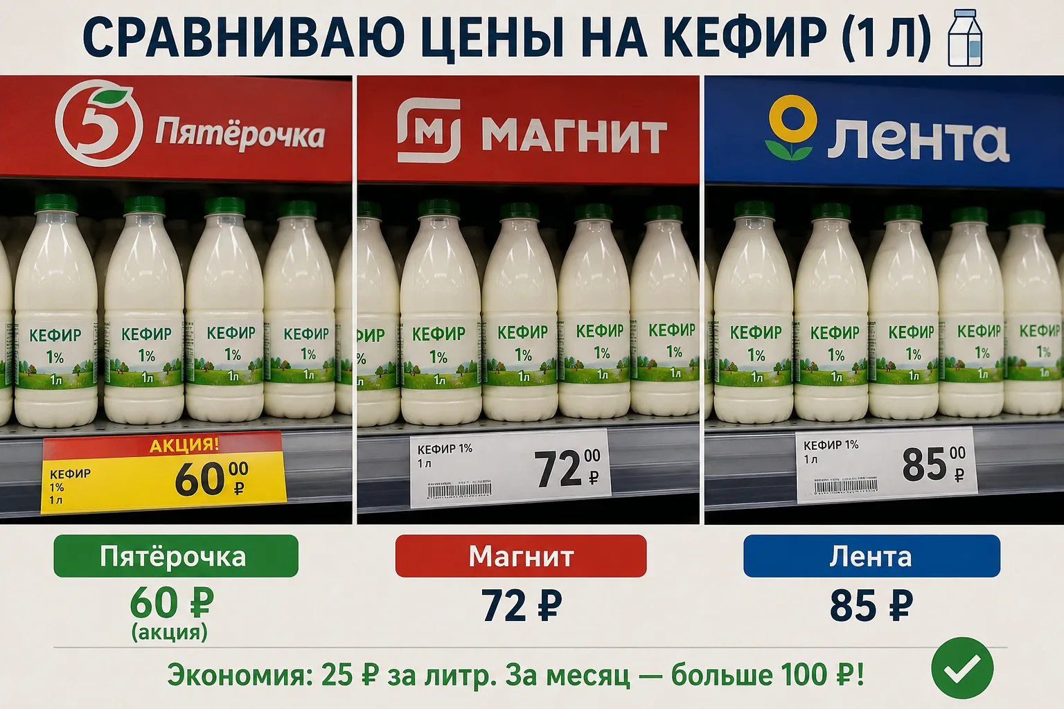 🛒 Три магазина, один кефир — цена разная!