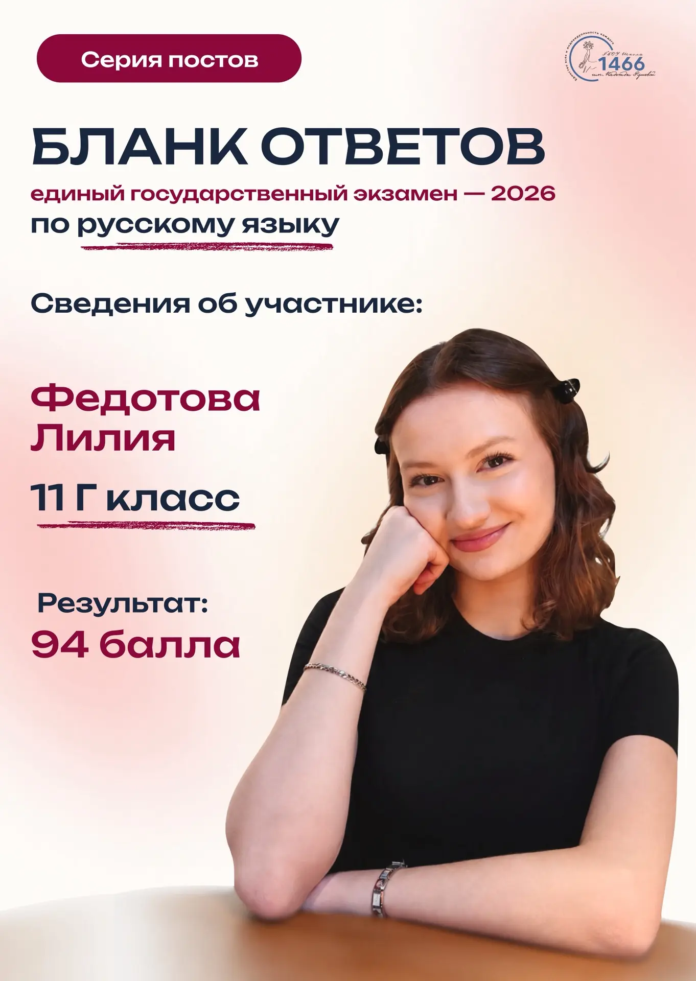⚡️Продолжаем серию постов с нашими высокобалльниками! 

💯Сегодня знакомимся с Федотовой Лилией, уче