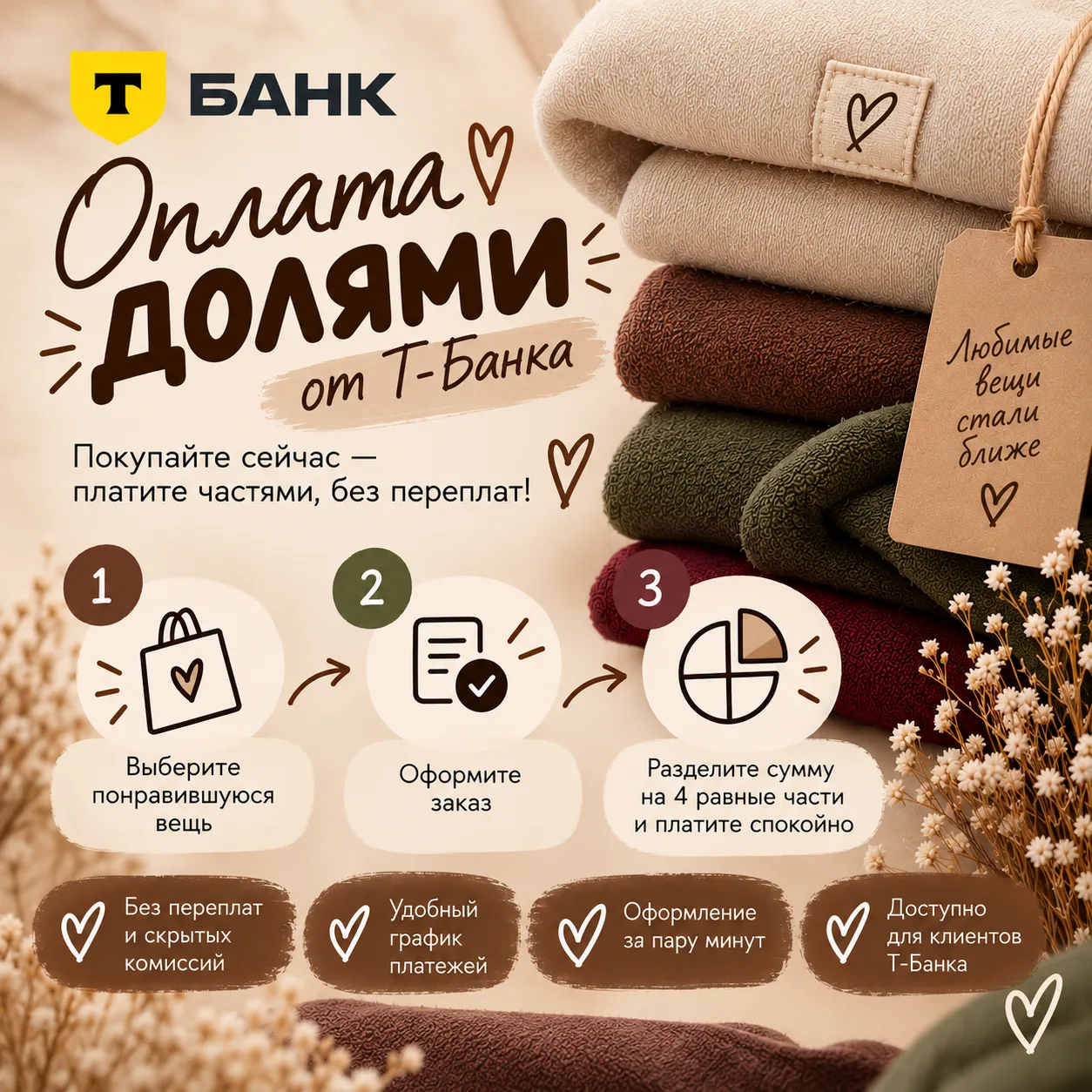 💳 Теперь можно оплатить заказ долями от Т-Банка!
