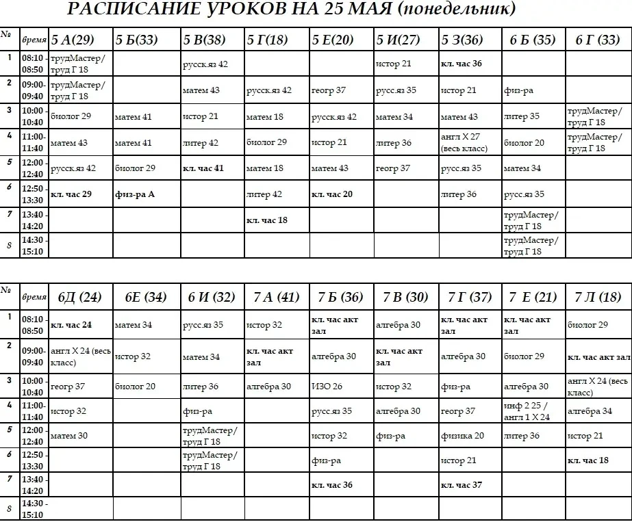 Расписание уроков на 25.05.2026 корпуса на Суздальской.