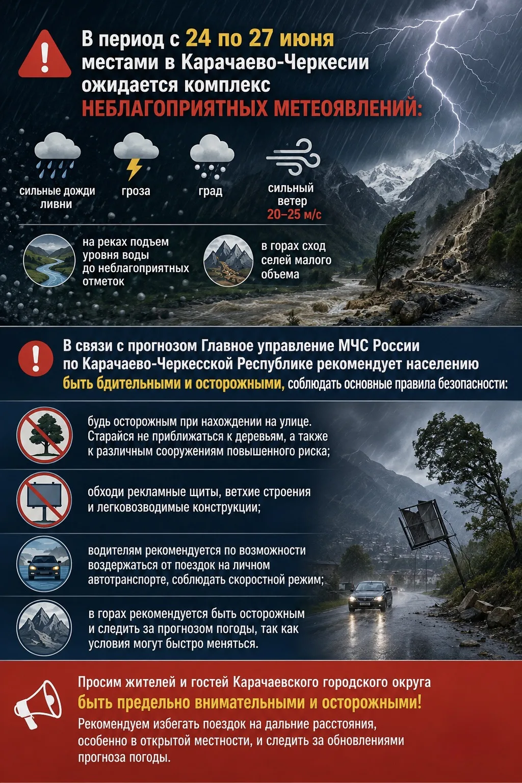 ❗ В Карачаево-Черкесии сохраняется штормовое предупреждение 

⛈️ В период с 24 по 27 июня местами в 