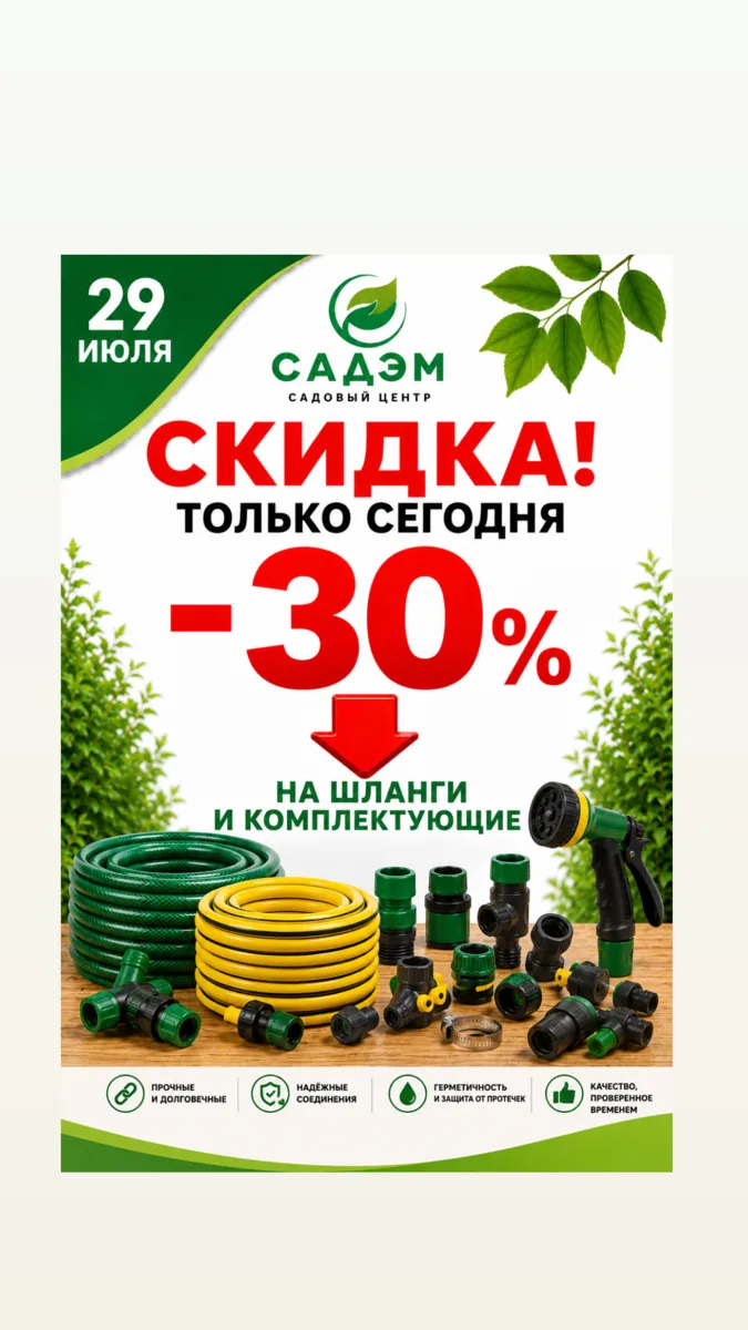 💧 Только 29 июля скидка 30% на шланги и комплектующие!

Удобный полив — залог здоровых растений и