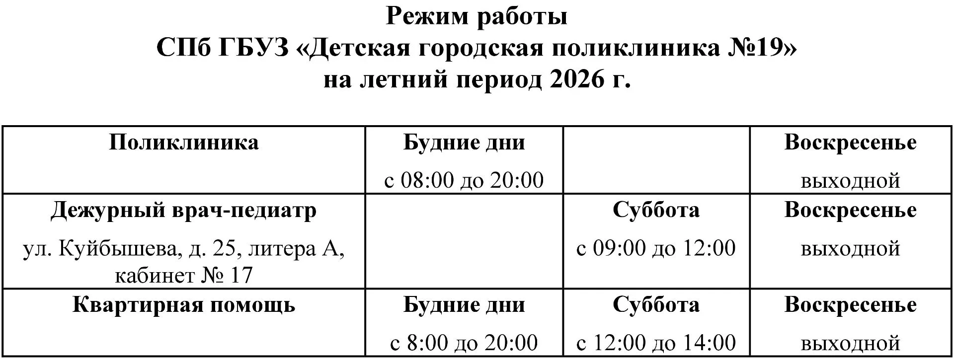 Режим работы СПб ГБУЗ «Детская городская поликлиника №19» на летний период 2026 г.

❗️мы ВКонтакте h