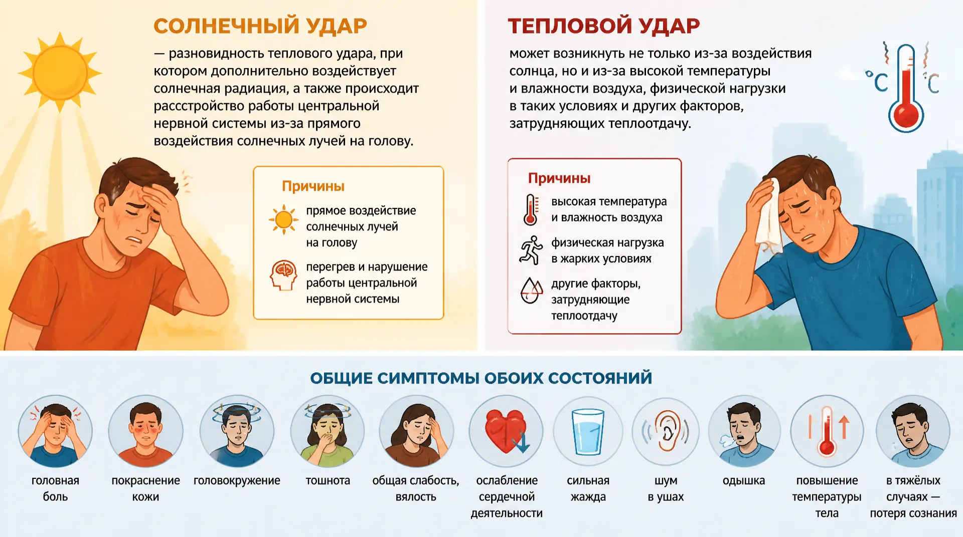 Летом под общим названием «перегрев» часто скрываются два разных состояния: солнечный удар и теплово