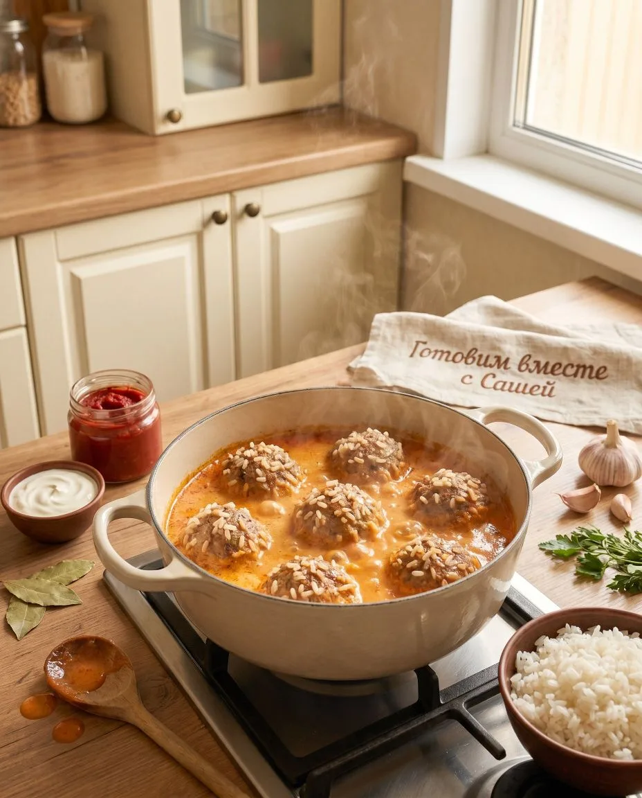 Мясные ёжики в сметанно-томатных объятиях 🦔🍖

Помните те самые круглые котлетки с торчащими рисинк