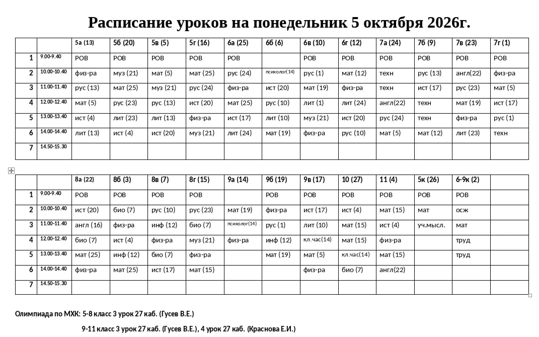 Изменения в расписании на понедельник: