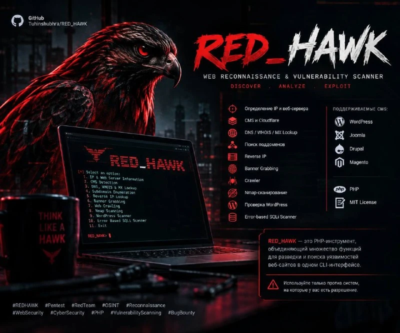 🖥 Репозиторий: RED_HAWK — комплексный инструмент для разведки и поиска уязвимостей веб...