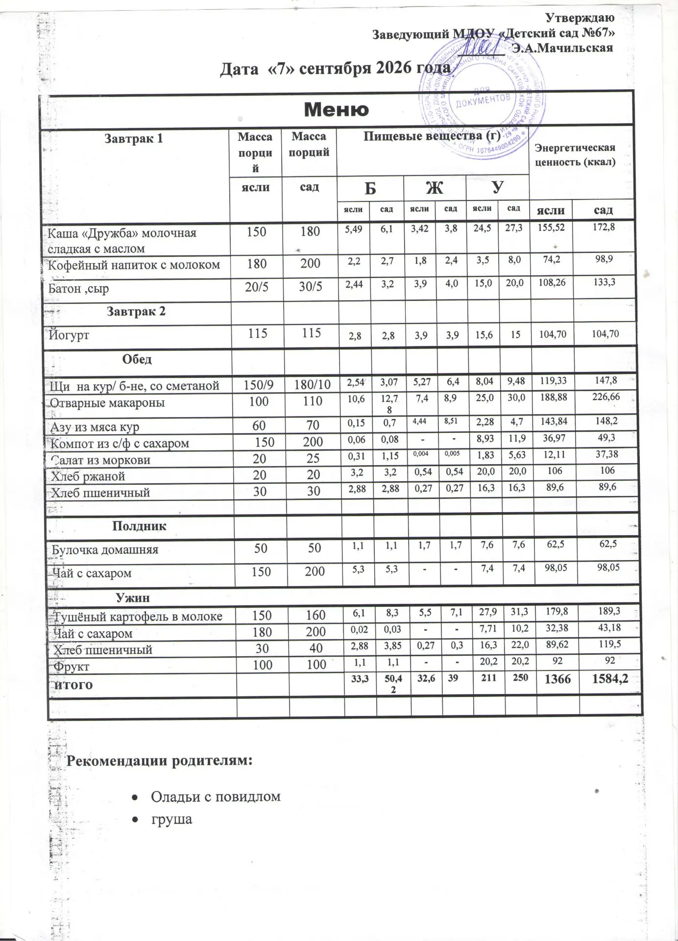 Меню на понедельник 07 сентября 2026 года