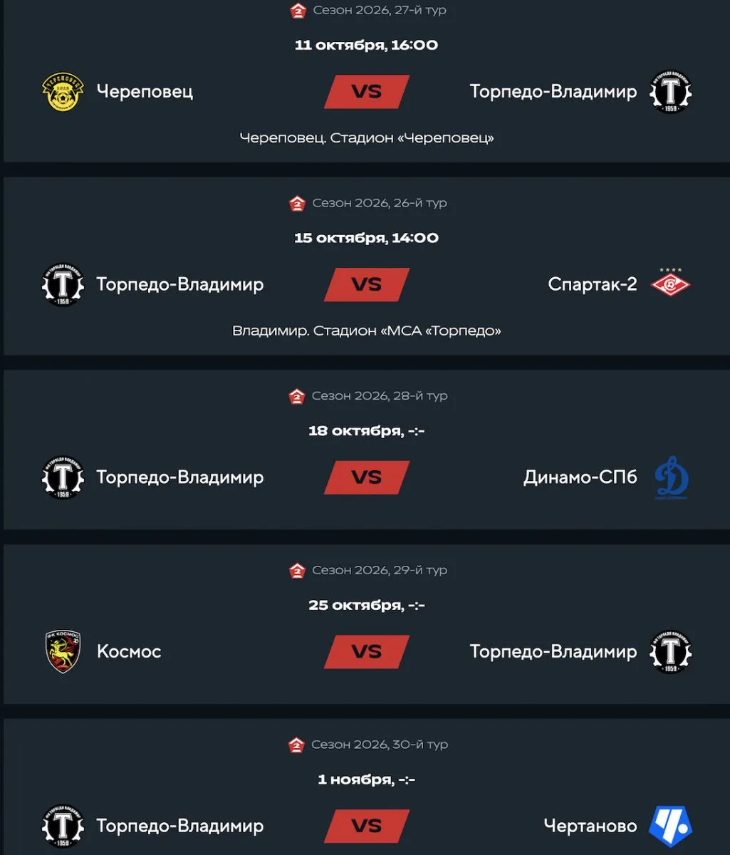 Матч владимирского "Торпедо" с дублем "Спартака" состоится 15 октября