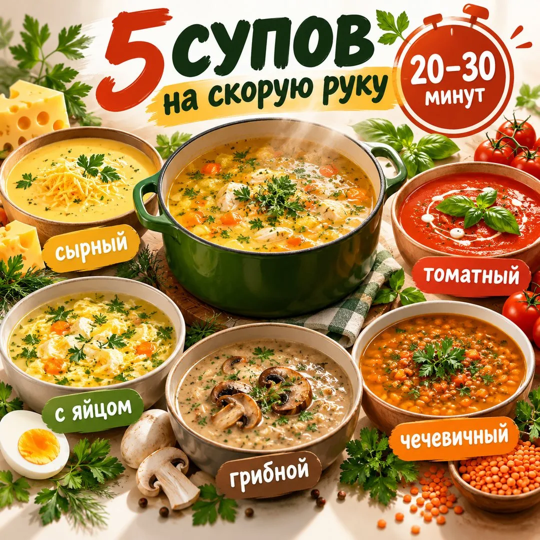 🍲 ПЯТЬ СУПОВ НА СКОРУЮ РУКУ: ГОРЯЧИЙ ОБЕД ЗА 20–30 МИНУТ