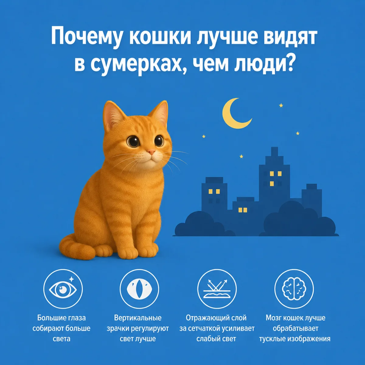 🌙 Почему кошки лучше видят в сумерках, чем люди?

Многие замечали, что с наступлением вечера кошк