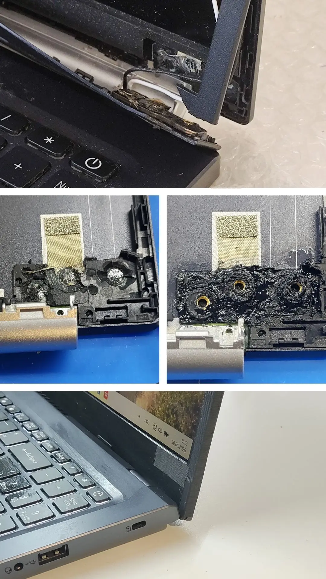 В работе ноутбук Acer Aspire 5 с вырванными креплениями правой петли матрицы.