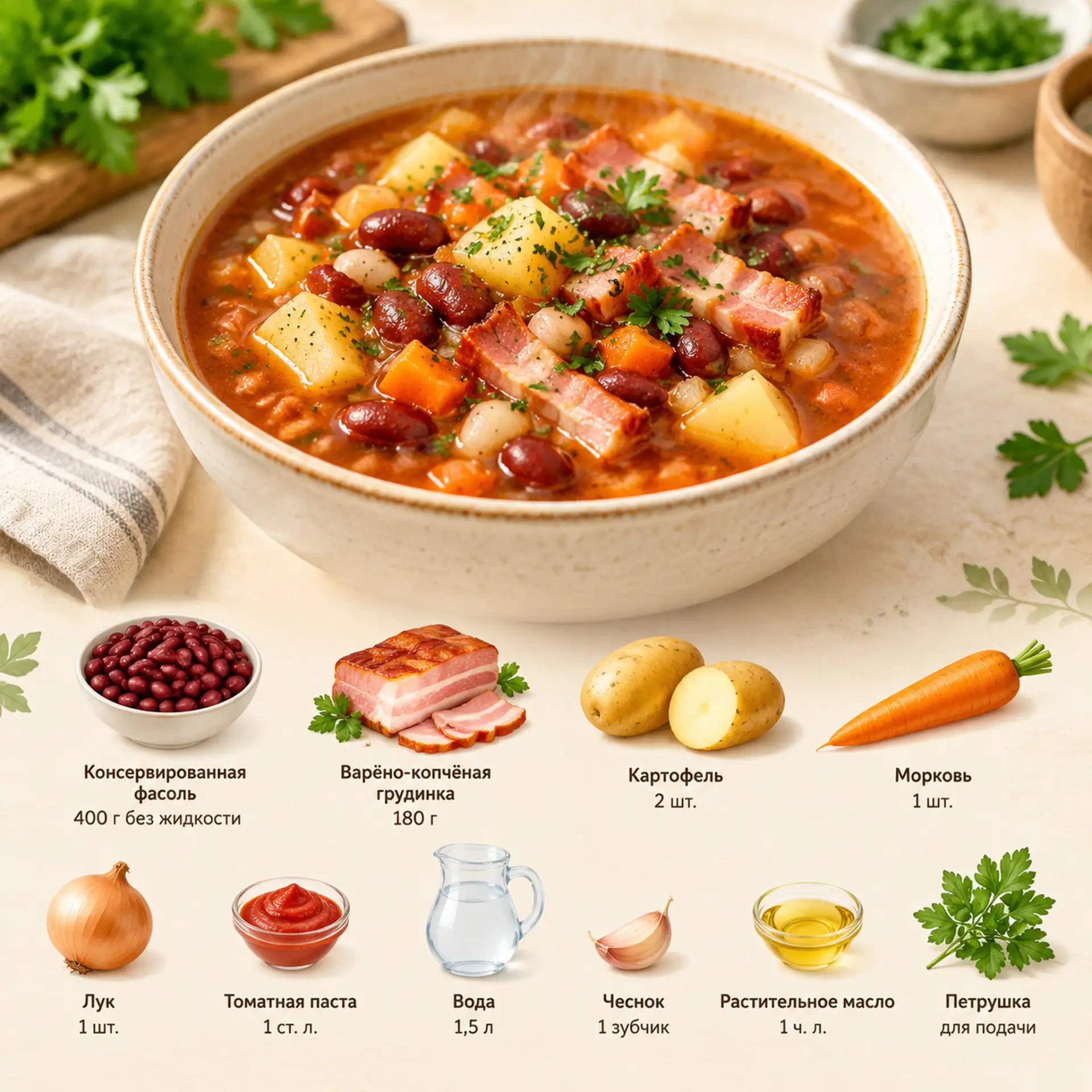 Фасолевый суп с копчёной грудинкой 🤤