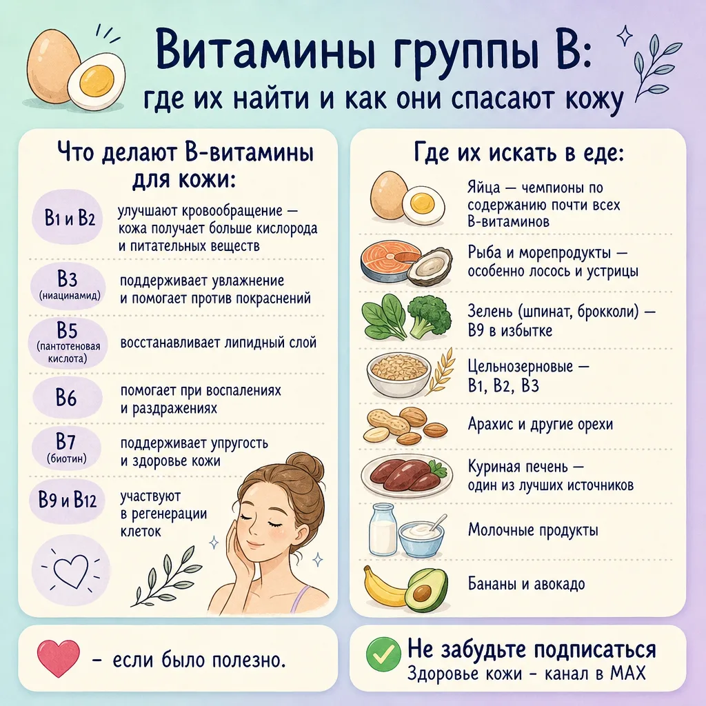 🥚 Витамины группы В: где их найти и как они спасают кожу