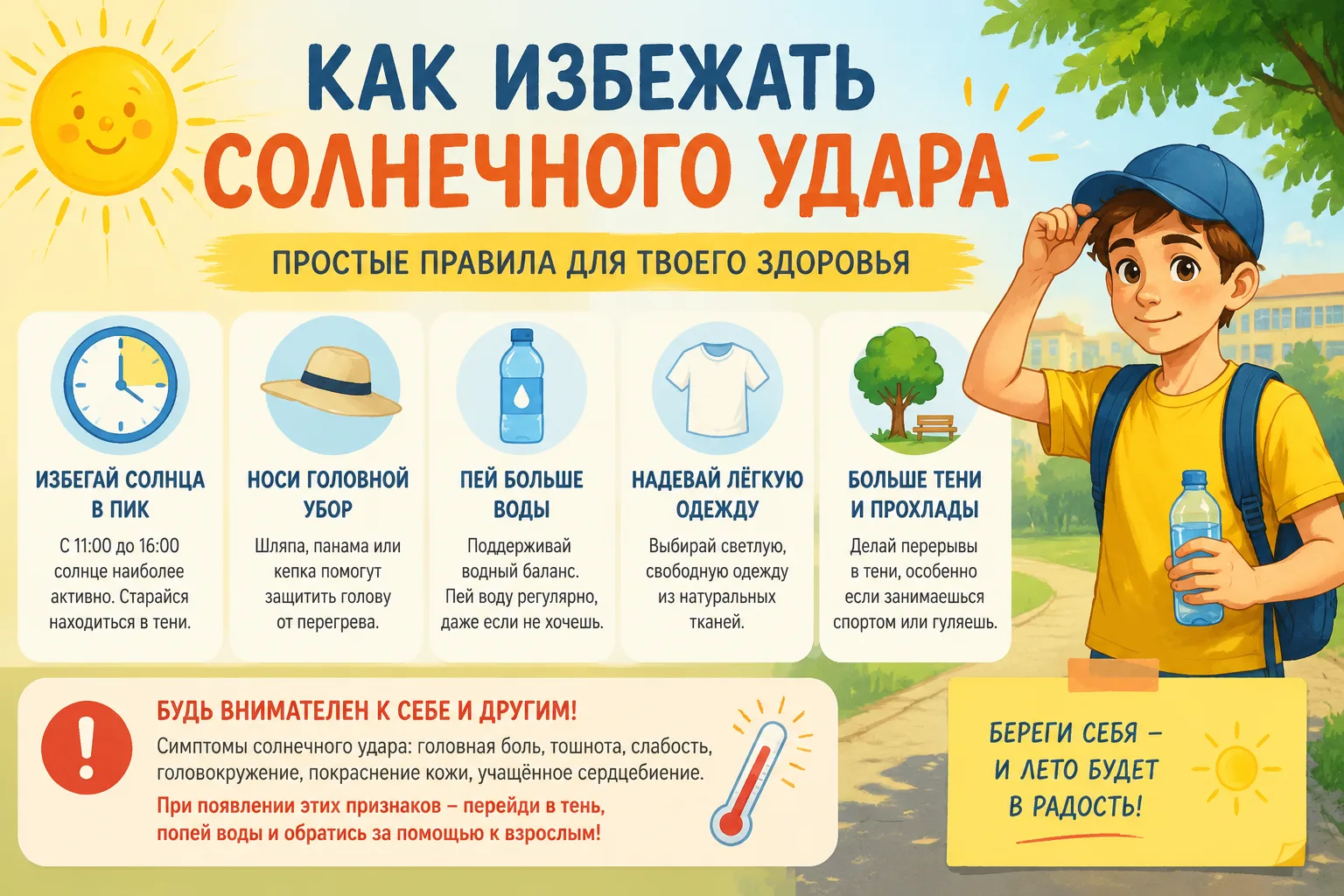 Как избежать солнечного удара: памятка для школьников ☀️👒

Лето — это время каникул, игр на улице и