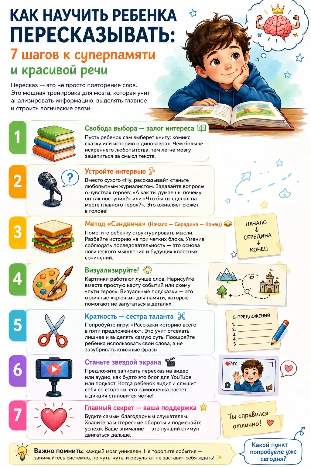🧠 Как научить ребенка пересказывать: 7 шагов к суперпамяти и красивой речи  Пересказ — это не просто