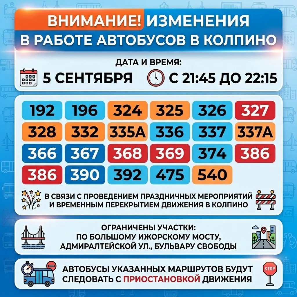 Внимание! 5 сентября в вечернее время изменится режим работы автобусов № 192, 196, 324,...