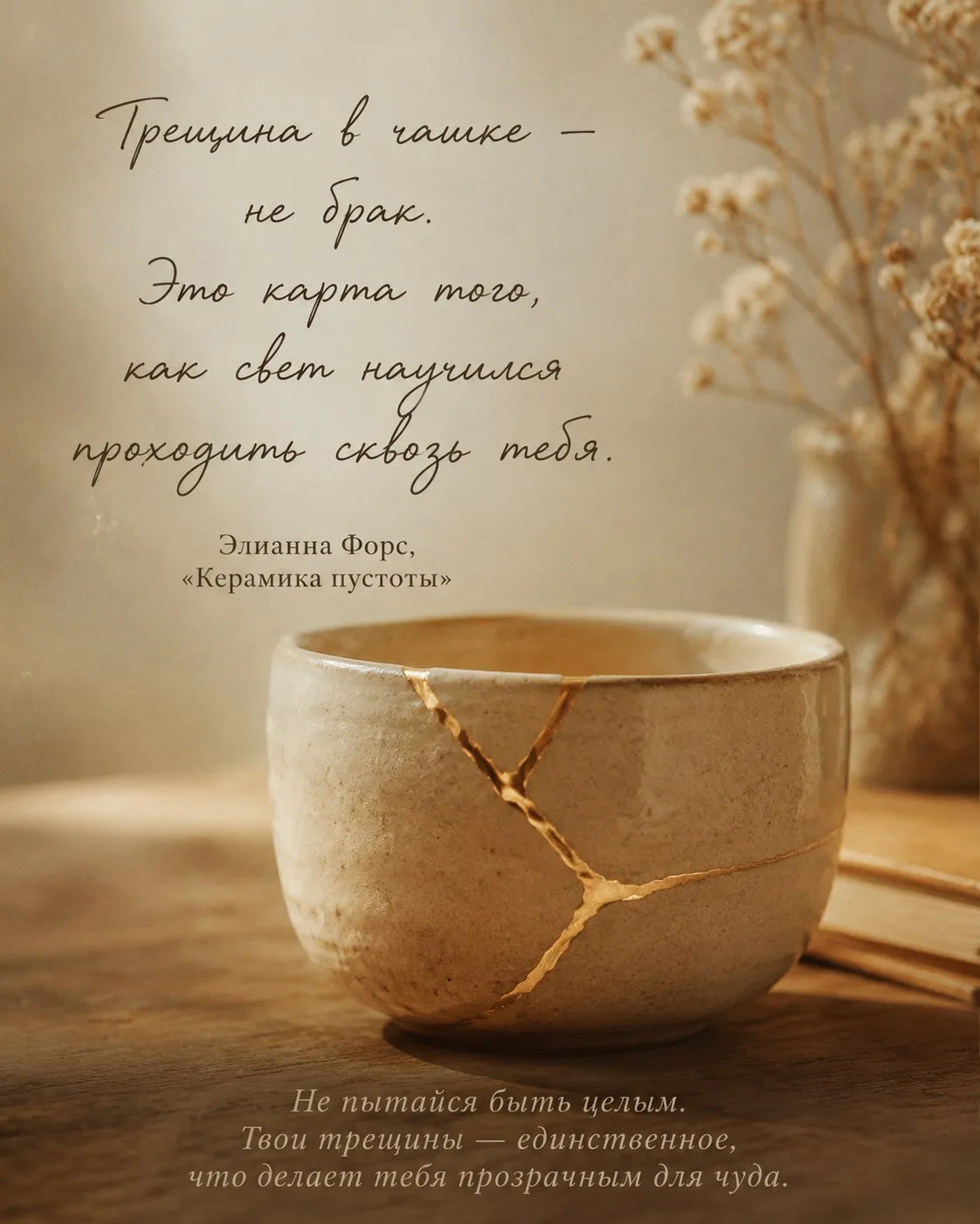Трещина в чашке не брак. Это карта того, как свет научился проходить сквозь тебя.
📚Элианна Форс. Ке