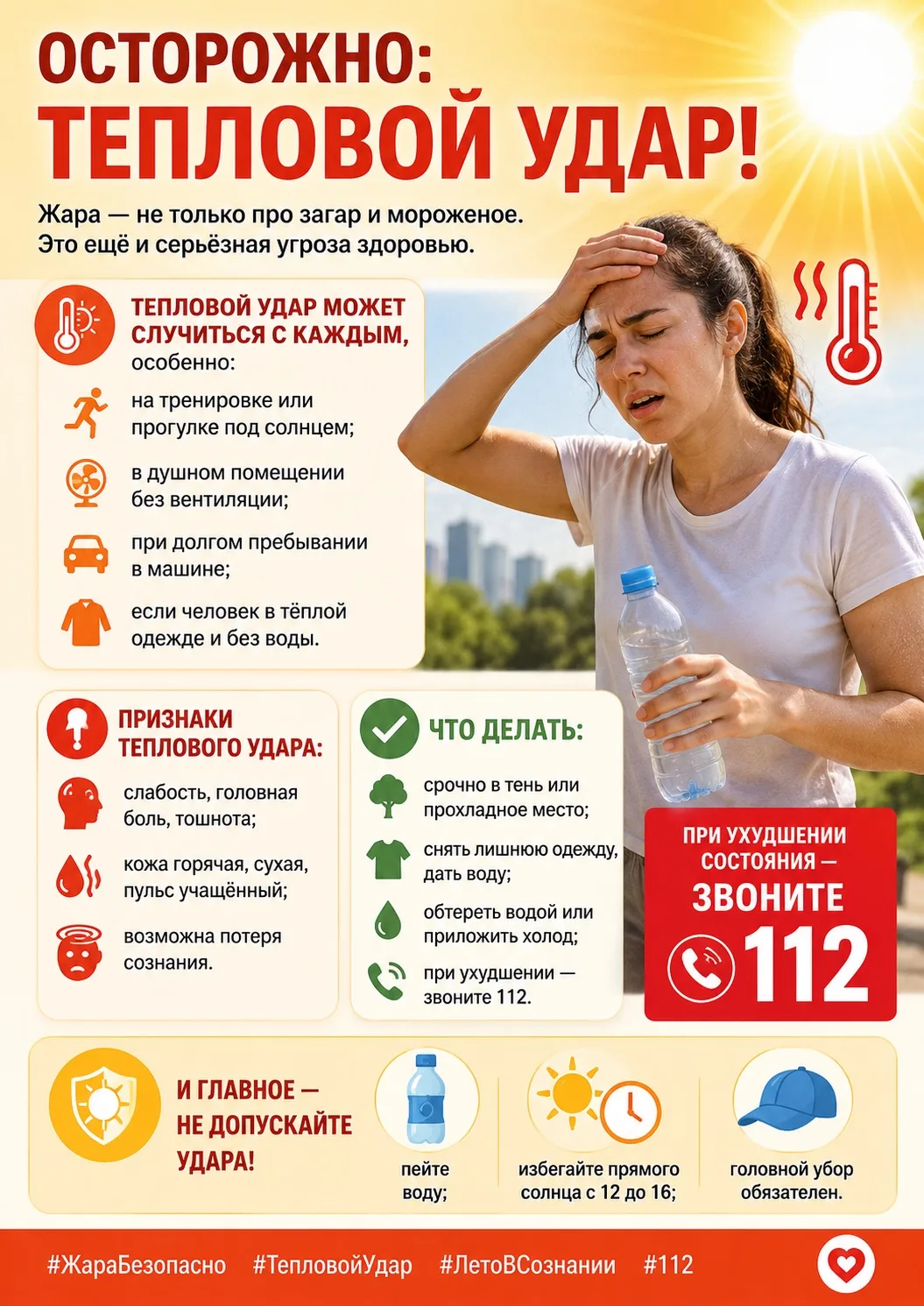 ❗️Осторожно: тепловой удар! 

Жара — не только про загар и мороженое. Это ещё и серьёзная угроза здо
