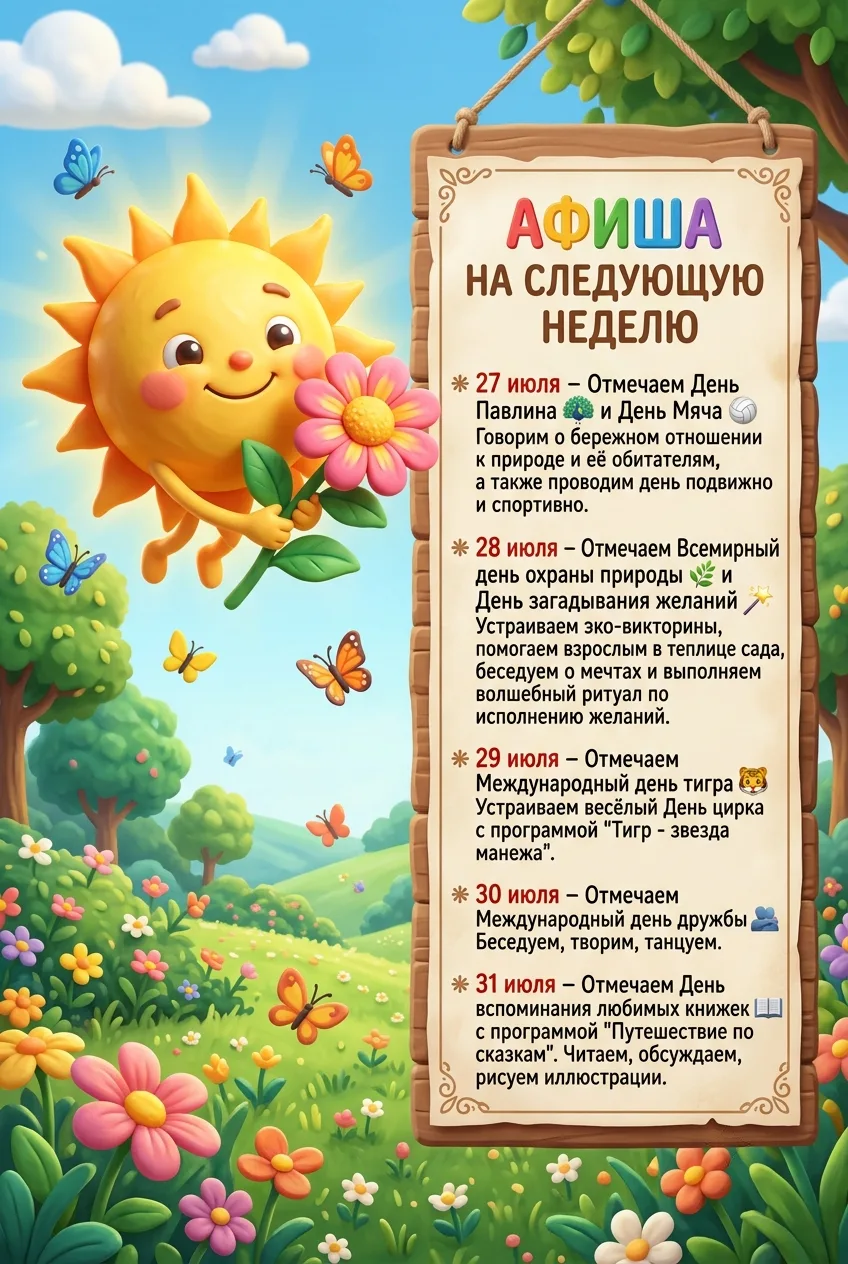 🎉 Планы на следующую неделю в нашем детском саду! 🎉 

Готовьтесь к яркой, насыщенной и очень позна